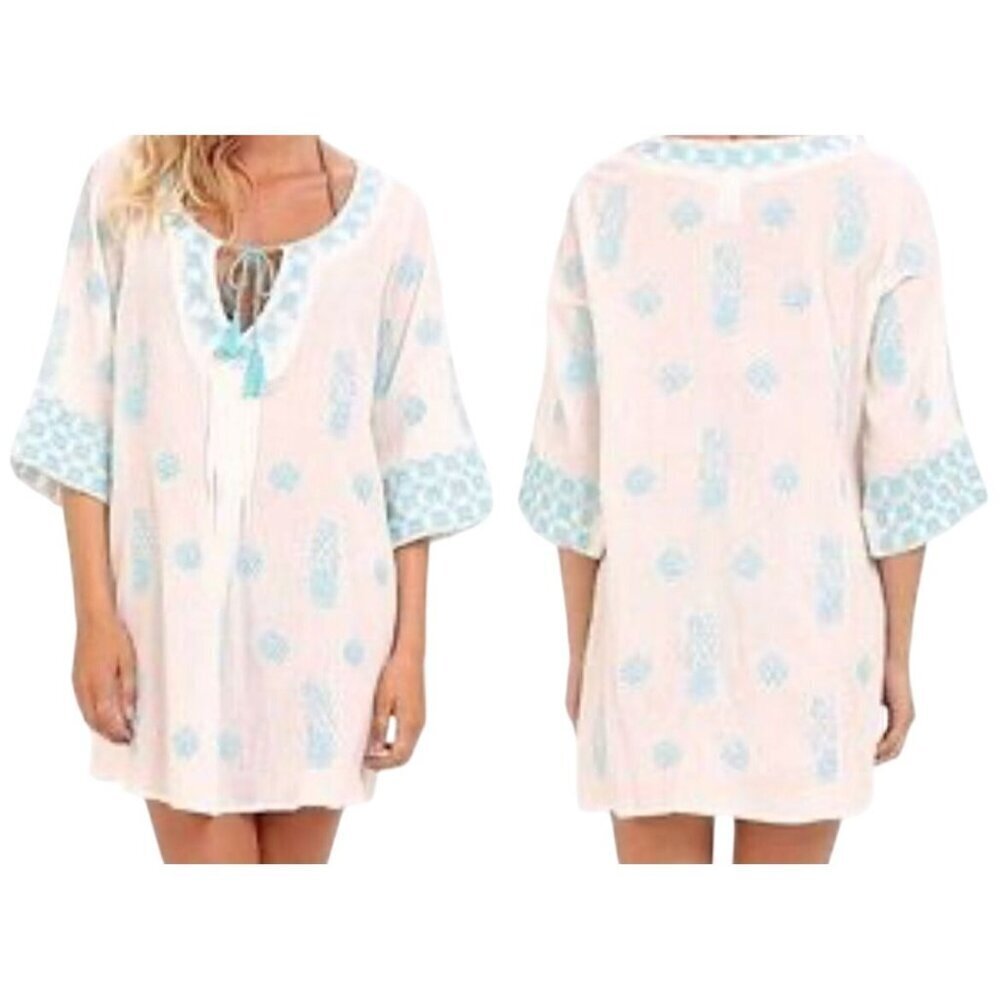 Trina Turk Dress Women S White Floral Crinkle Boho Swim Tassel Preppy Coastal
